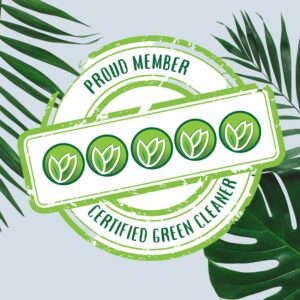 Five Leaf Certified Green Cleaner seal from the Green Cleaners Council displayed against a Sudsies-branded background with tropical leaves and soft blue tones