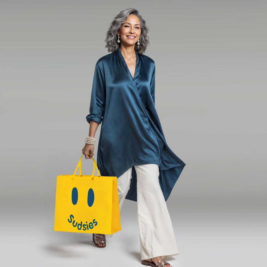 Guest carrying a Sudsies garment bag after luxury dry cleaning and care service