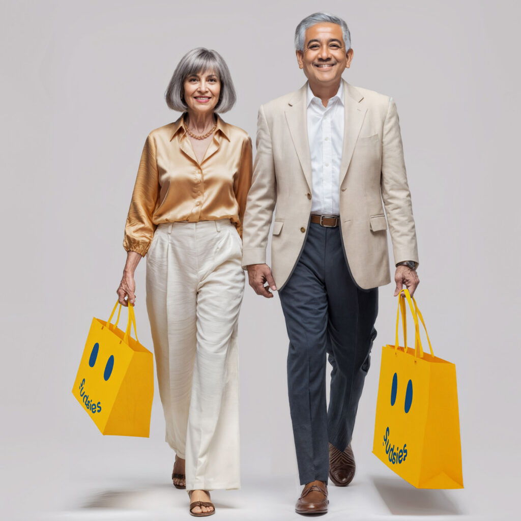 Well-dressed couple walking with Sudsies dry cleaning bags after pickup service