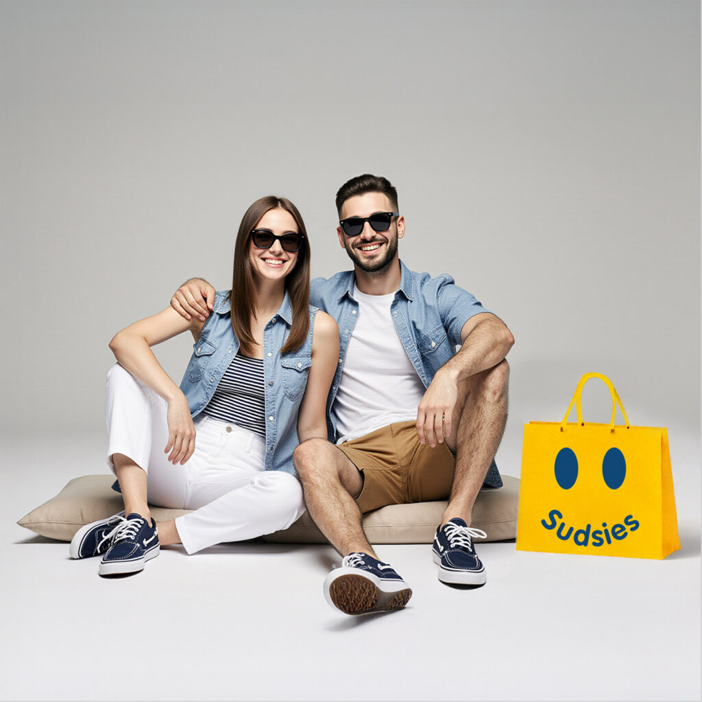 Stylish couple relaxing beside a Sudsies dry cleaning bag after pickup service